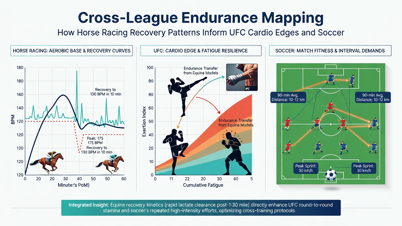 Data visualization comparing recovery curves from horse racing, UFC rounds, and soccer match segments
