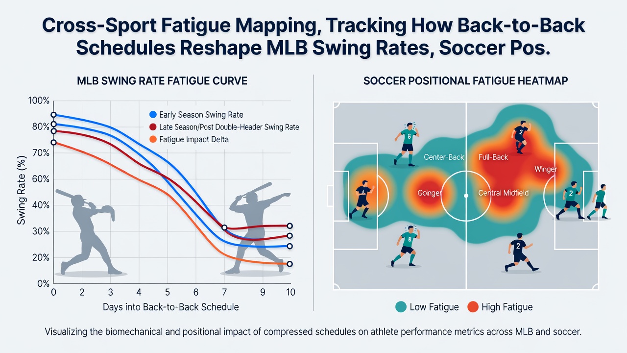 Infographic detailing cross-sport fatigue mapping with examples from MLB, soccer, and UFC performance metrics