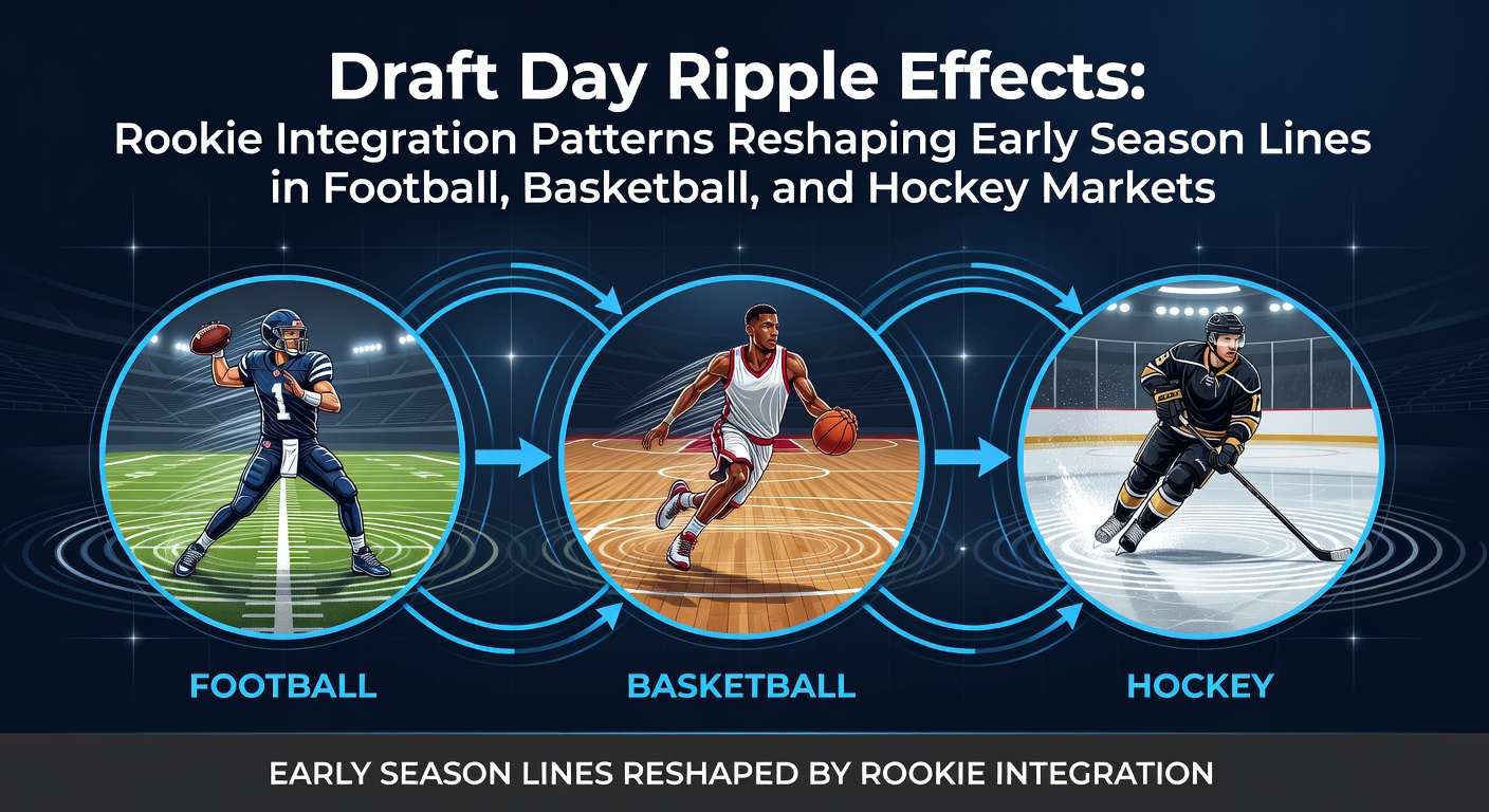 Draft day scene with team executives reviewing rookie prospects and betting analysts tracking early season line movements