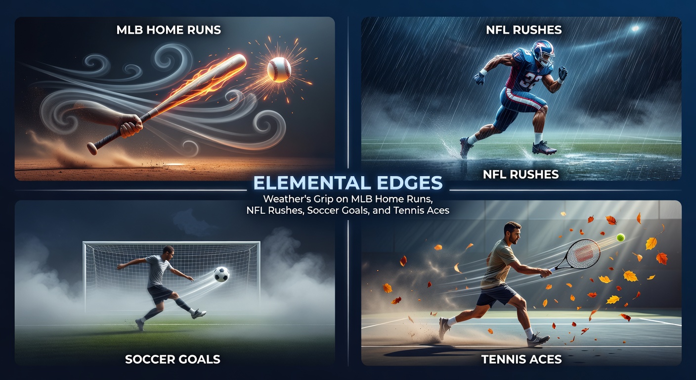 A dramatic baseball stadium under stormy skies with lightning and rain, highlighting weather's intense impact on MLB games