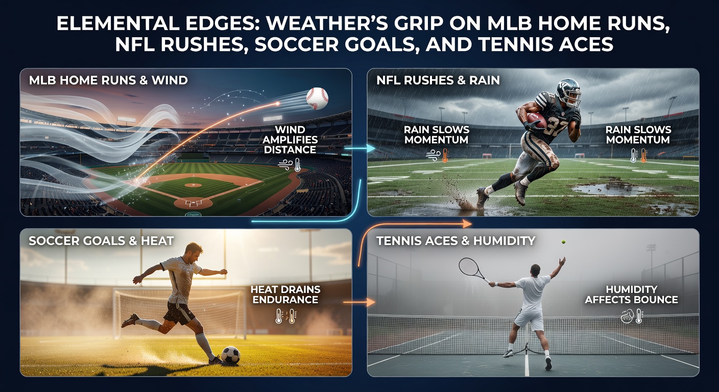 An NFL player slipping on a rain-soaked field during a rush, with puddles and dark clouds emphasizing weather's chaotic effect on football