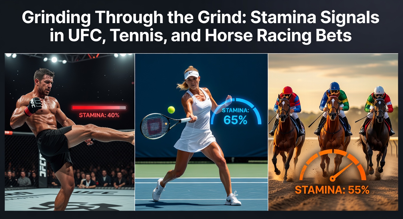 UFC fighter pushing through late rounds, tennis player locked in a fifth-set battle, and a horse surging in the final stretch of a long race