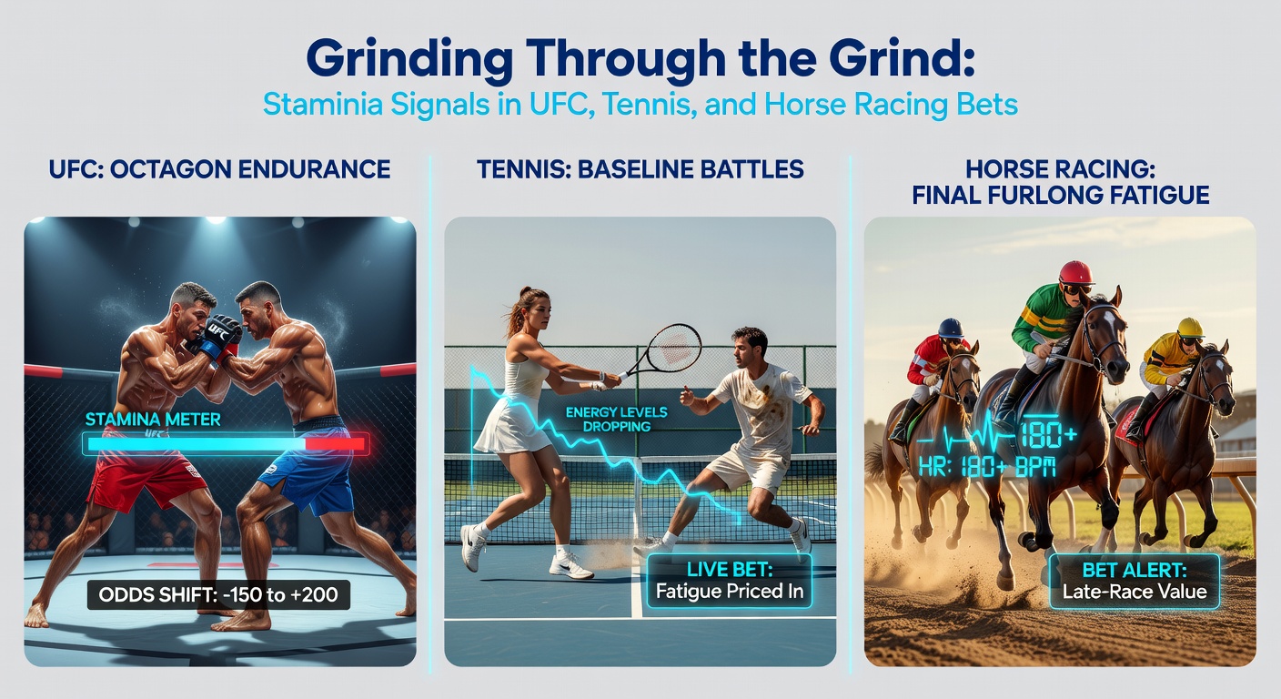 Close-up of a weary UFC fighter clinching, a tennis player wiping sweat mid-rally, and jockey urging a stamina-tested horse down the homestretch