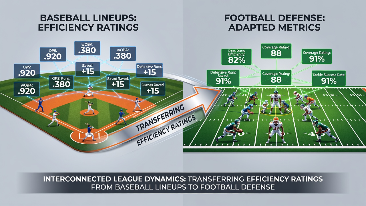 Football defensive efficiency ratings overlaid with basketball rotation impact graphs and cross-sport metric mapping