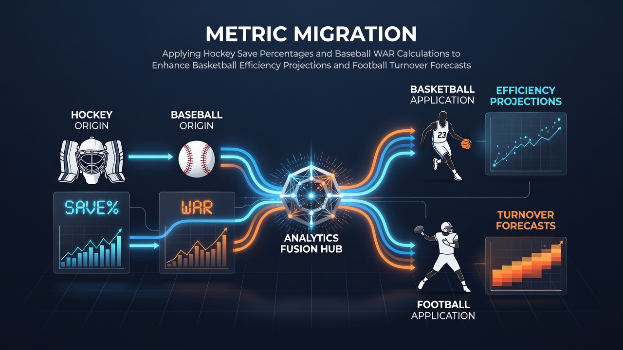 Sports analysts reviewing cross-league metrics on multiple screens showing hockey, baseball, basketball and football data overlays