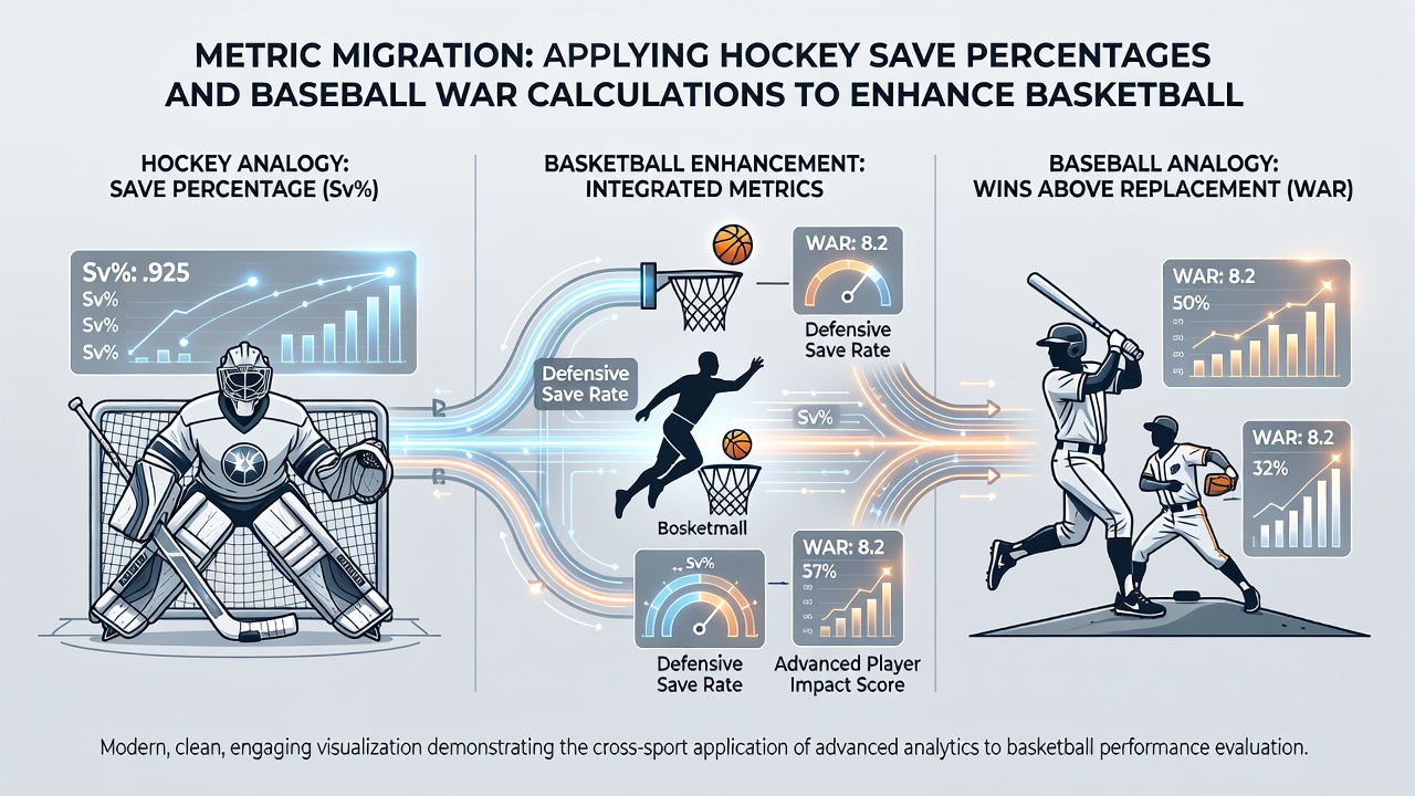 Detailed charts comparing adapted hockey save metrics applied to NBA defensive efficiency and baseball WAR translated into NFL turnover projections