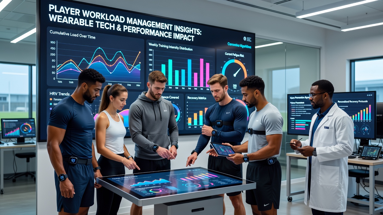 Performance analysts reviewing wearable data dashboards in a professional sports facility