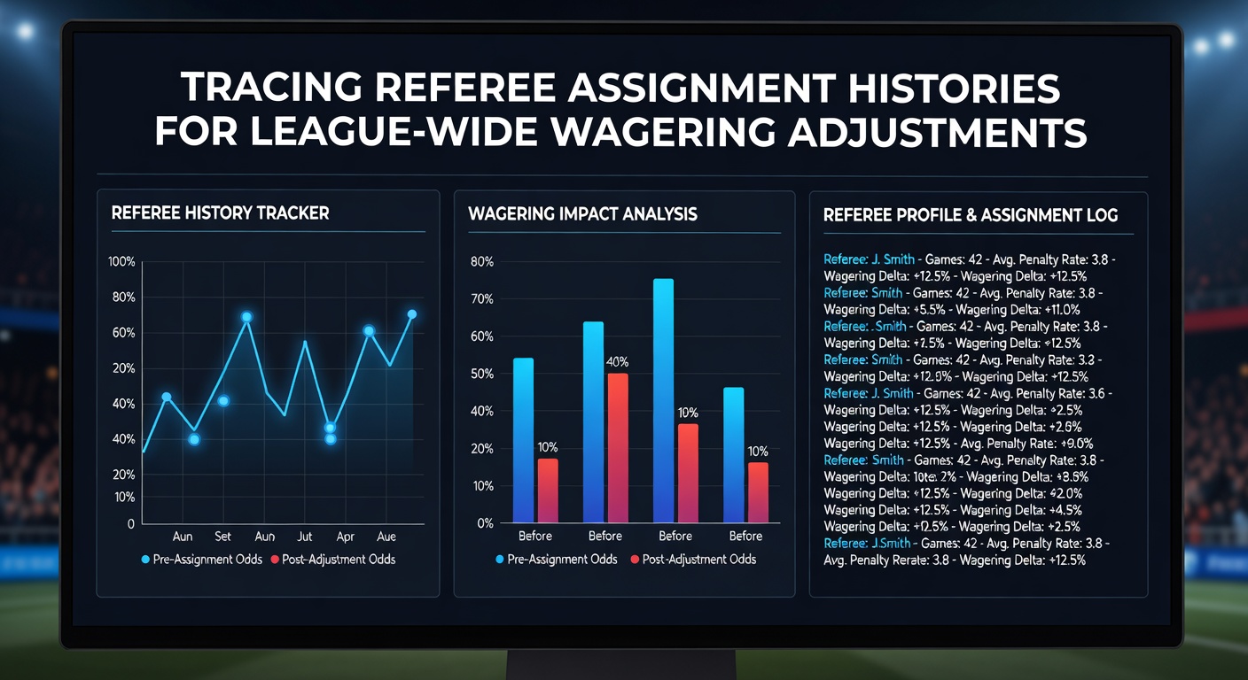 Data analysts reviewing referee assignment histories on digital screens for sports betting adjustments