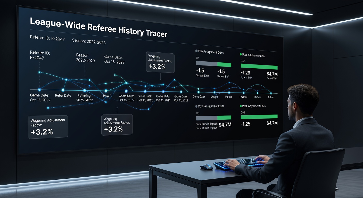 Sports data visualization showing referee assignment trends and betting line adjustments across leagues