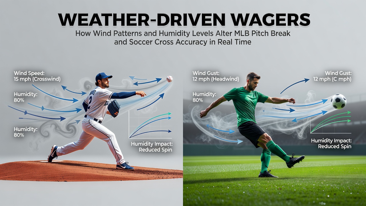 Diagram showing wind vectors altering baseball pitch trajectories across a stadium