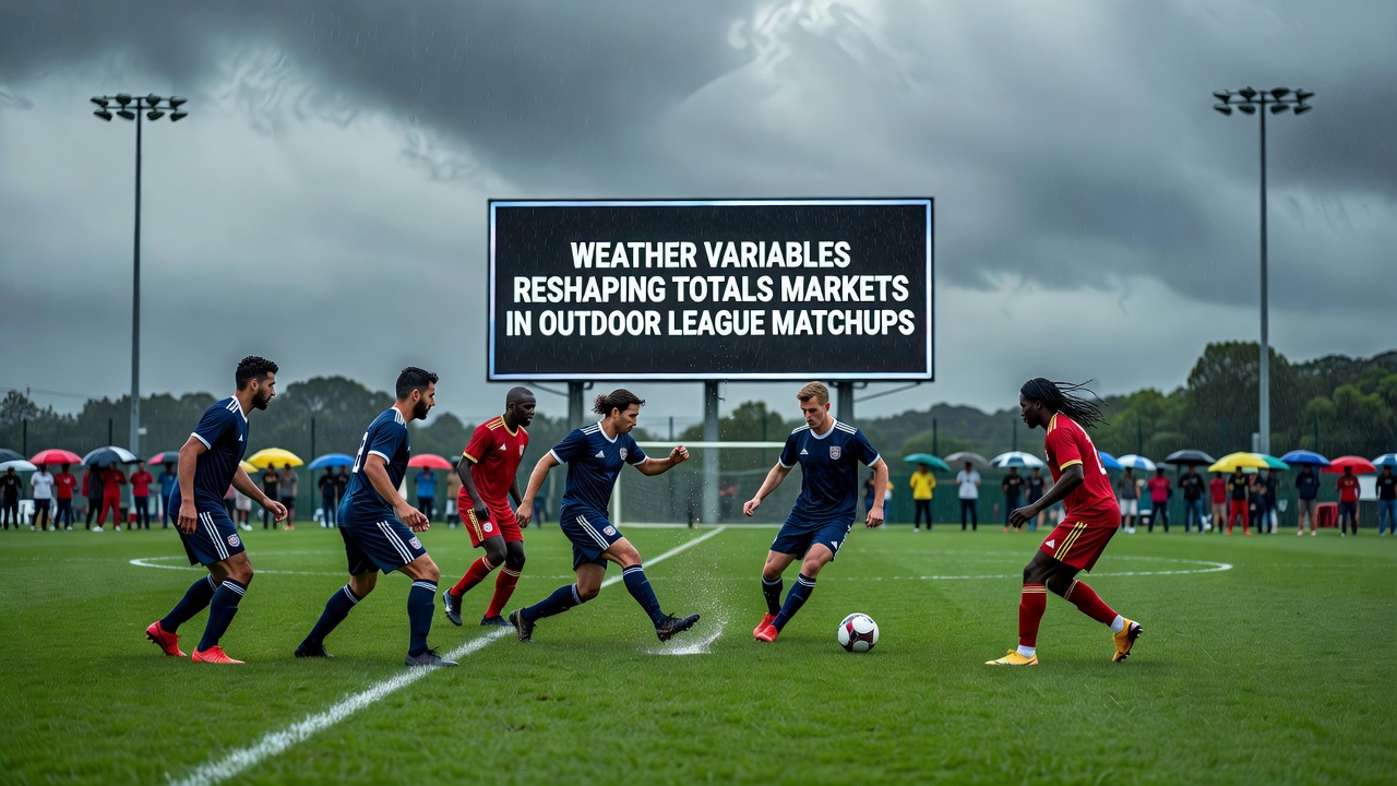 Meteorological charts and betting line graphs illustrating weather impacts on sports totals