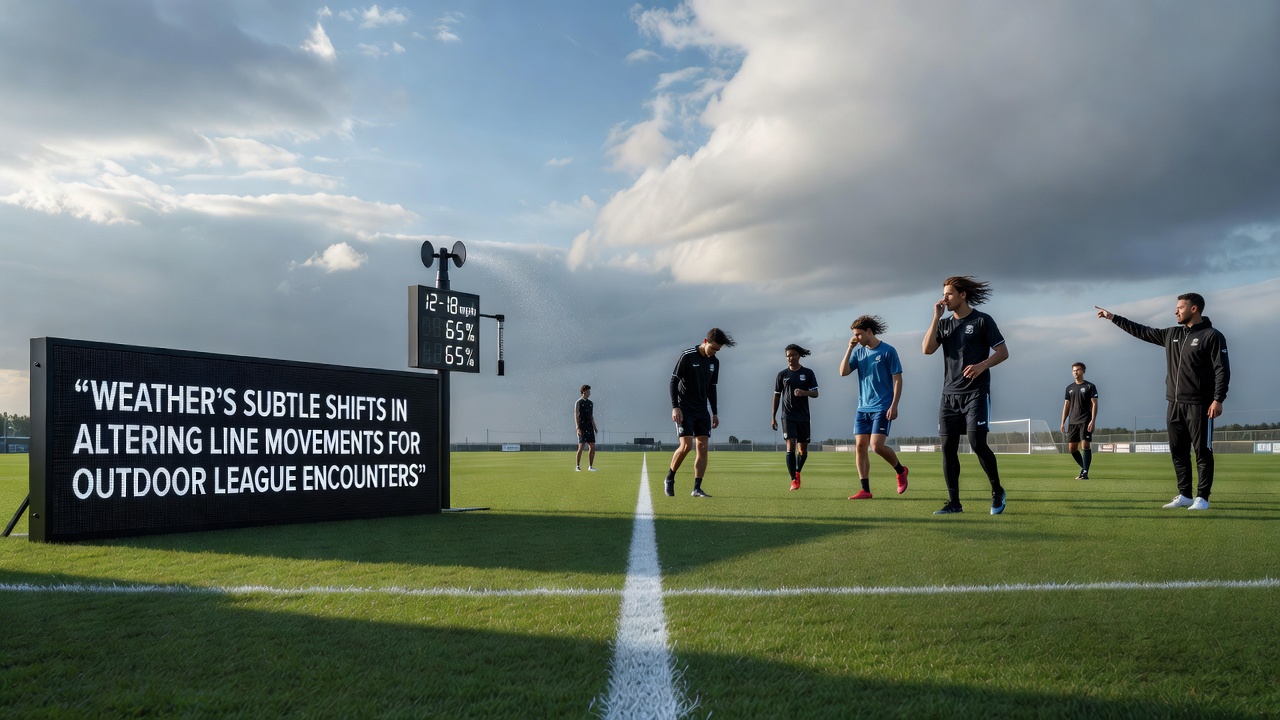 Sports analysts reviewing weather data and updated betting lines for an outdoor league match